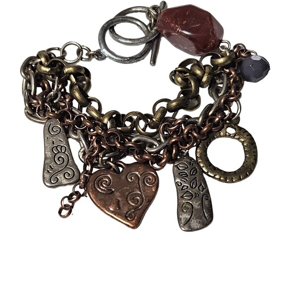 Handcrafted Mixed Metal Chunky Charm Bracelet Live Hope Heart Pendants - Picture 6 of 7
